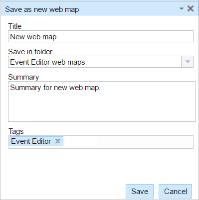 Save as new web map dialog box Save as new web map dialog box